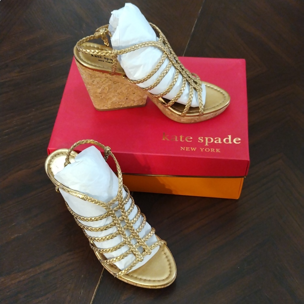 Brand new in box Kate Spade gold metallic wedge heel sandals